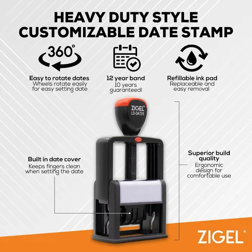 Vista 2 de ZIGEL Sello de fecha de oficina personalizable con autoentintado, estilo resistente, múltiples opciones de color de tinta y fuentes
