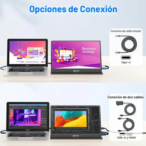 Vista 6 de KYY Monitor portátil para laptop, monitor de viaje FHD 1080P de 14 pulgadas, pantalla de juegos USB-C y HDMI con soporte VESA y cubierta