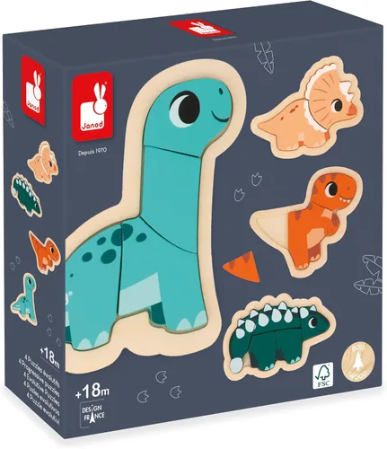 Vista 7 de Janod 4 rompecabezas progresivos de dinosaurio de madera FSC, de 2 a 5 piezas, juguetes para niños, juegos educativos, juguetes de primeros años, 18