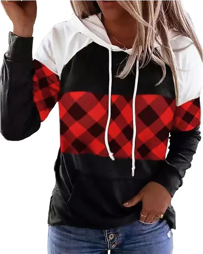Vista 10 de LLHXRUI Sudadera de Navidad con diseño de árbol a cuadros y rayas para mujer, camiseta con bolsillo con capucha, manga larga, bloque de color Como