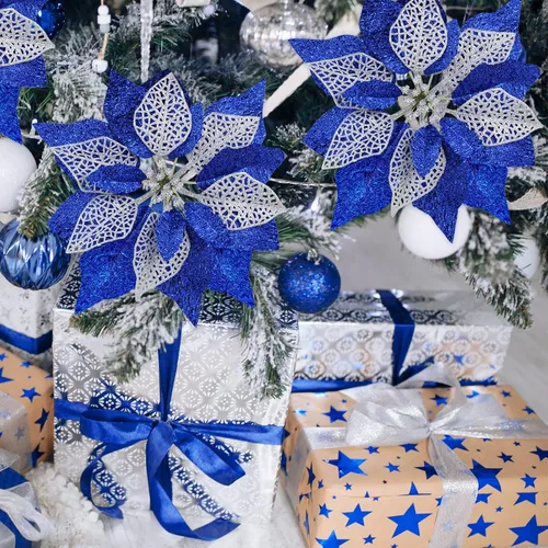 Vista 8 de Juego de 14 flores de Pascua de 8.7 pulgadas de ancho, 4 capas de flores de pascua con purpurina azul para árbol de Navidad, coronas, guirnaldas