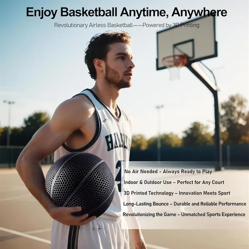 Vista 3 de Baloncesto sin aire impreso en 3D, no necesita bomba, ultra silencioso y de alto rebote, tamaño oficial 7 para uso en interiores y exteriores (negro)