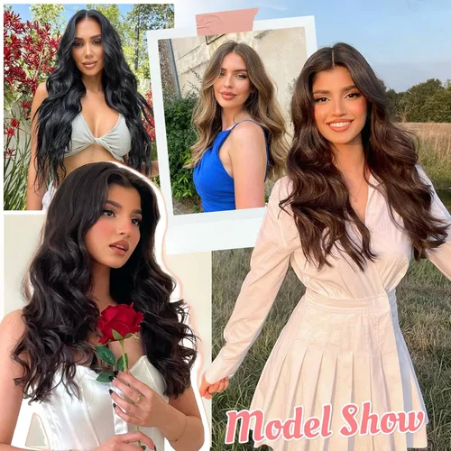 Vista 3 de Fliace Extensiones de cabello con clip para mujer, extensiones de cabello ondulado largo de color marrón medio, extensiones de cabello sintético