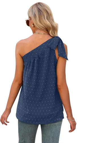 Vista 5 de XIEERDUO Camisetas de gasa de verano con un hombro para mujer, con lazo, sin mangas, ajuste holgado