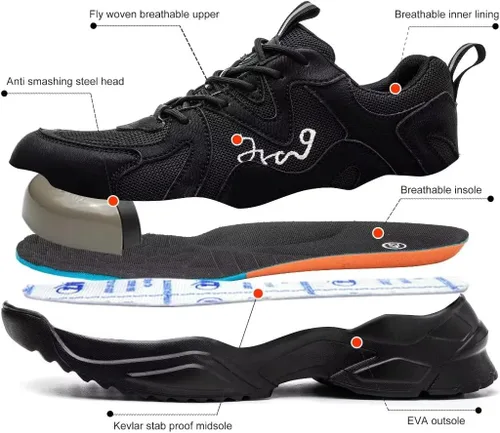 Vista 2 de Zapatos de punta de acero para hombres y mujeres, ligeros, indestructibles, a prueba de pinchazos, cómodos zapatos de seguridad para uso industrial