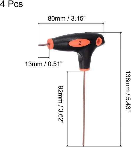Vista 2 de uxcell Llave hexagonal de extremo de bola de 0.079 in, llave inglesa con mango en T, acero métrico S2 4 piezas