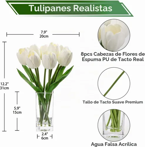 Vista 2 de Briful Flores Artificiales Flor de Tulipán Artificial Blanca en Jarrón Transparente, Arreglo de Tulipanes de Espuma de Tacto Real Adecuado
