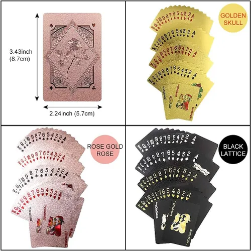 Vista 5 de 3 barajas de cartas impermeables de plástico para jugar cartas de póquer, color negro y oro rosa, cartas temáticas estándar de póquer impermeables