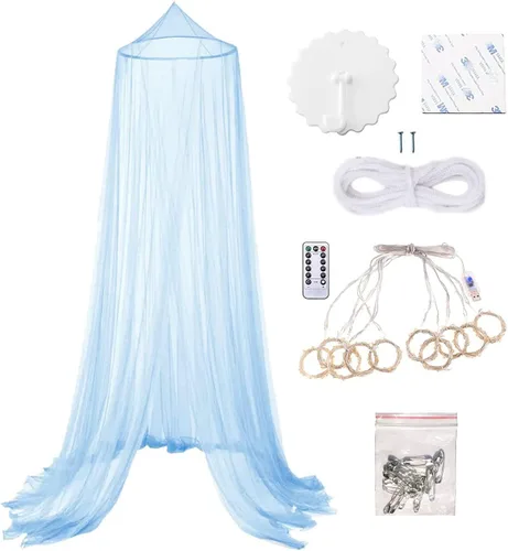 Vista 3 de Dosel de cama Eimilaly con mosquitera y 250 piezas de luces de cortina blancas cálidas, dosel de cama para decoración de habitación de niñas o Luces