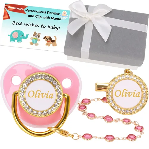 Vista 14 de Chupete personalizado con nombre, juego de clip para chupete dorado brillante con caja de regalo, tarjeta de felicitación, lujoso chupete de cristal