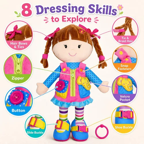 Vista 2 de June Garden Dressy Friends Belle de 15.5 pulgadas, muñeca de peluche educativa para niños y niños pequeños de 2 años en adelante, juguete suave