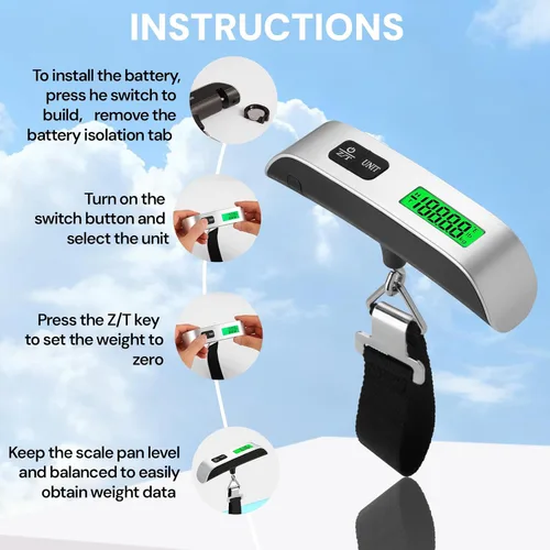 Vista 6 de Báscula digital de equipaje, báscula de equipaje portátil de 110 libras para viajes con pantalla LCD retroiluminada, conmutación de 4