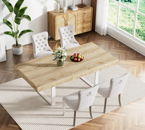Vista 42 de Juego de mesa de comedor extensible marrón de 63 a 78.74 pulgadas para 4, juego de mesa de comedor de 5 piezas con 4 sillas tapizadas, mesa