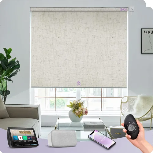 Vista 9 de Graywind Persianas enrollables motorizadas 100% opacas compatibles con Alexa Google, de vinilo, impermeables, inalámbricas, control remoto A-Beige