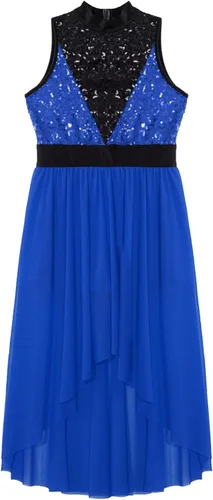 Vista 5 de TiaoBug Vestido de baile de ballet lírico con lentejuelas para niñas, falda alta y baja, disfraz de salón moderno y contemporáneo de jazz latino