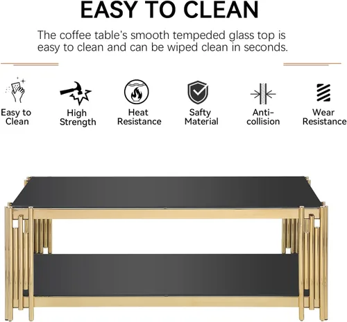 Vista 5 de Mesa auxiliar rectangular de vidrio de 48 pulgadas, mesa de centro de 2 niveles con parte superior de vidrio templado negro, patas de acero