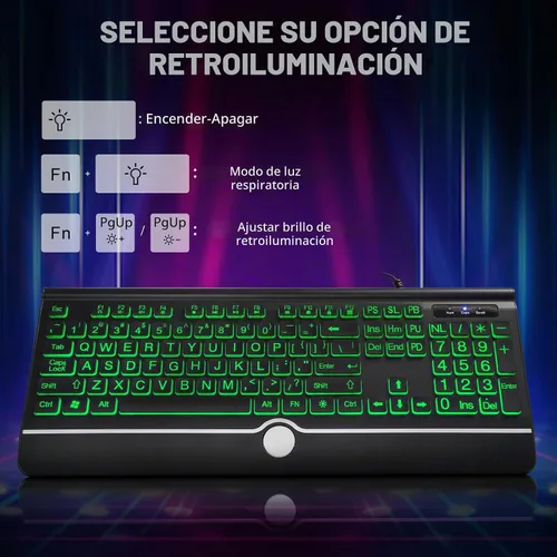 Vista 6 de Teclado de computadora retroiluminado de letras grandes, teclado retroiluminado de 7 colores con reposamuñecas, USB Plug-and-Play, teclas de letras