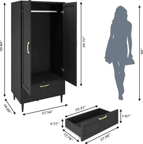 Vista 2 de Armario Morden para dormitorio, armario con barra para colgar, 60 pulgadas, 2 puertas, para ropa con cajones, armario de almacenamiento Morden, Negro