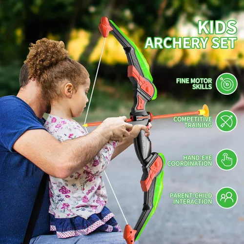 Vista 4 de TEMI Juego de arco y flecha para niños con luces LED, juego de tiro con arco con 10 flechas de ventosa, carcaj y objetivo de pie, juguetes al aire