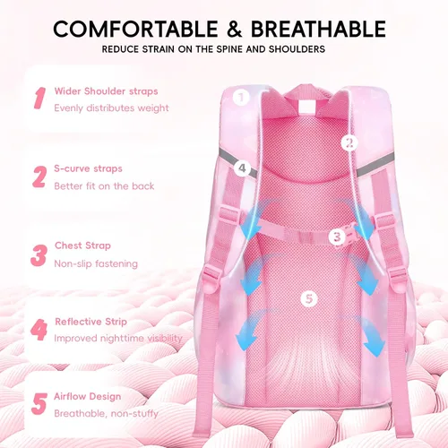 Vista 3 de Tanou Mochila con lonchera para niñas, Rosado, Juego de mochila escolar para niña