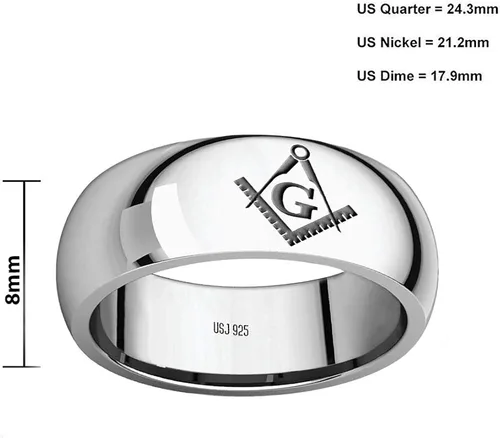 Vista 3 de US Jewels Anillo de plata de ley 925 de 0.315in de media ronda Masonic Master Mason