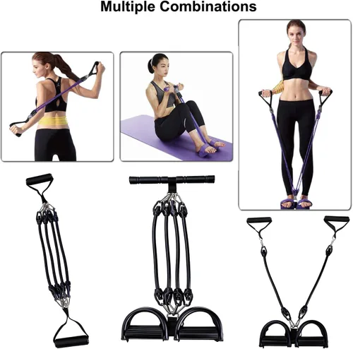 Vista 2 de Lenporl Upgrade 4-Tube Pedal Ankle Puller Resistance Bands with Two Extra Handles,Pedal Puller Resistance Band with Handle for Home Gym,Yoga &