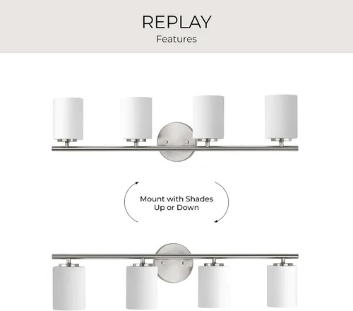 Vista 13 de Progress Lighting Lámpara moderna de tocador de baño de cristal blanco grabado con 4 luces, colección Replay, níquel cepillado (P2160-09)