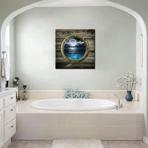 Vista 5 de Biuteawal - Marco de ventana estilo hermosas vistas del paisaje marino, arte de pared de luna, mar, océano, paisaje, pinturas en lienzo para sala
