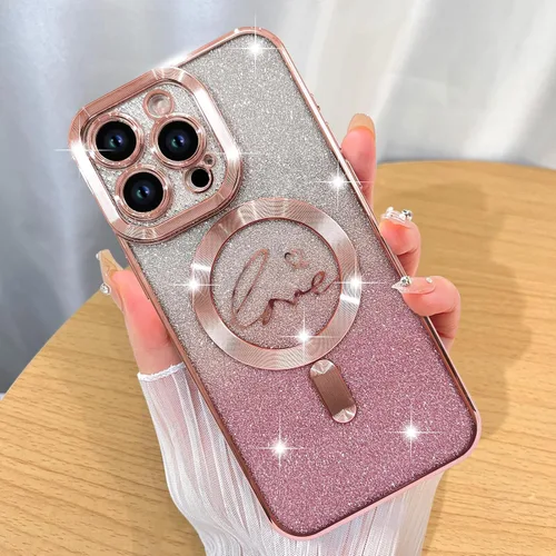 Vista 44 de ZIYE - Funda magnética diseñada para iPhone 13 con purpurina, color negro Luxury Plating Love Heart Compatible with MagSafe Camera Protection