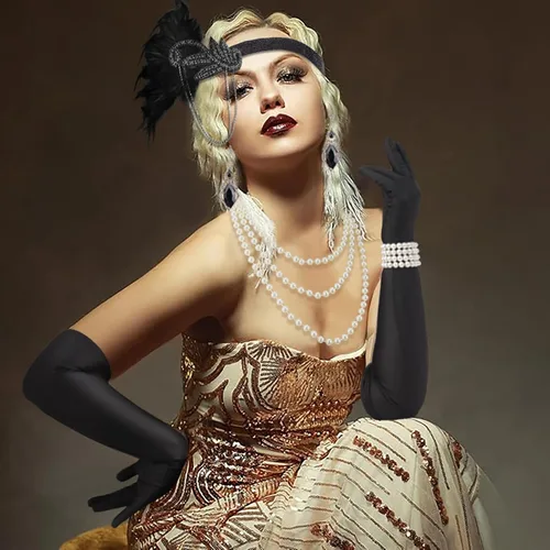 Vista 7 de DRESHOW Juego de accesorios del Gran Gatsby de los años 20 para mujer, accesorios de disfraz de flapper, diadema de plumas, juego de accesorios de 1