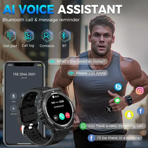 Vista 7 de Reloj inteligente militar para hombre (respuesta/hacer llamadas), reloj inteligente resistente con linterna LED, resistente al agua de 3 ATM