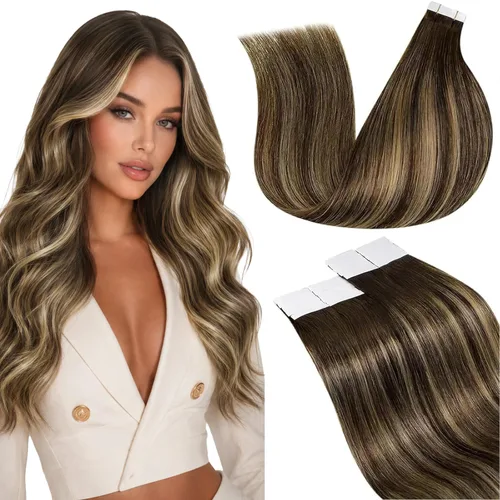 Vista 82 de LaaVoo - Extensiones de cabello humano con cinta adhesiva, color marrón a rubio ceniza, extensiones de cabello humano real, cintas en extensiones