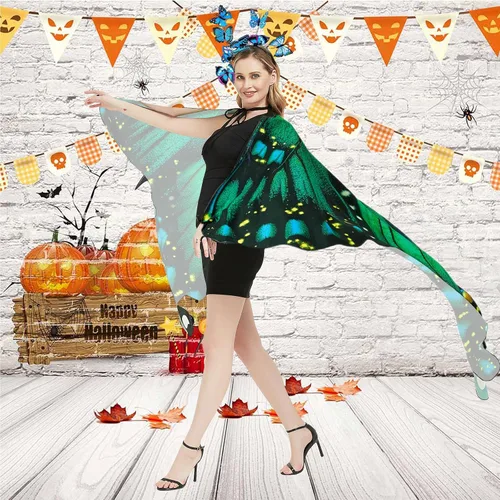 Vista 7 de Disfraz de alas de mariposa para mujer, alas de hada, disfraces de Halloween, capa de mariposa con máscara y diadema Azul-2