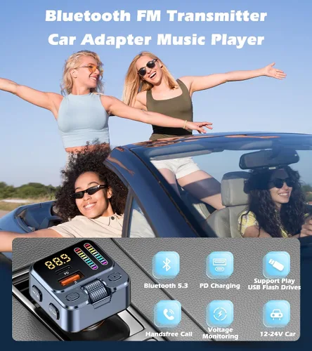 Vista 7 de Adaptador de coche Bluetooth 5.3 con transmisor FM 42W PD carga rápida Bluetooth AUX USB Music Receiver HandsFree Calls, Beat Sync LED Lights for