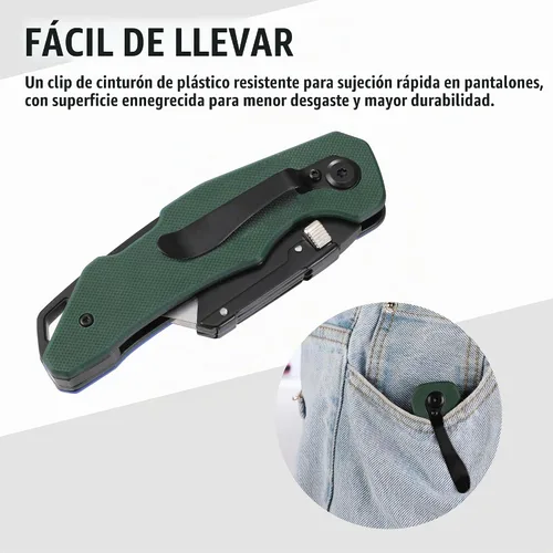 Vista 5 de WORKPRO Cuchillo utilitario plegable G10 mango con cabeza de acero inoxidable, hoja de cambio rápido y bloqueo trasero, cortador de caja resistente
