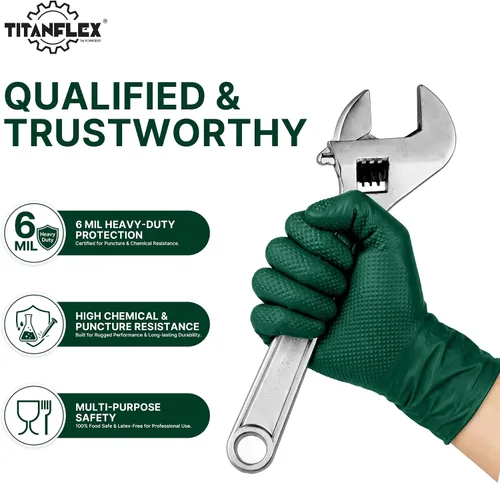 Vista 3 de TitanFlex Heavy Duty Industrial Nitrile Gloves with Raised Diamond Texture, 6-mil, Latex Free (Dark Green/Yellow)