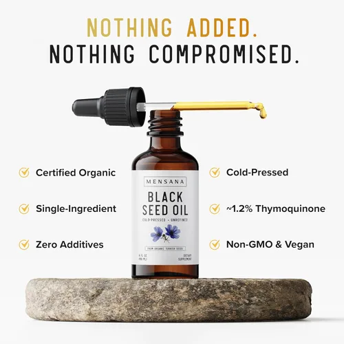 Vista 4 de MENSANA, Aceite de semilla negra (4 onzas – 47 porciones) – Virgen Nigella Sativa prensada en frío – Aceite de bienestar 100% orgánico, sin OMG