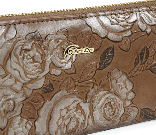 Vista 7 de ArtsEye Cartera larga con cremallera alrededor de cuero genuino en relieve rosa, Gris