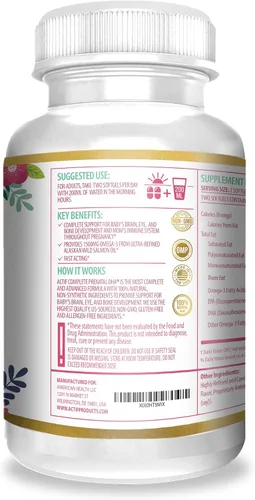 Vista 4 de Actif DHA prenatal completo con 1500 mg de omega-3, 100% natural, DHA orgánico, EPA, Omega 3 - Sin OMG, 90 gomitas