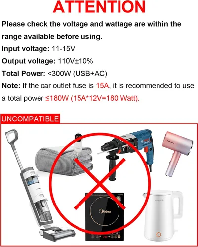 Vista 7 de Inversor de Corriente para Automóvil de 300W - YSOLX Adaptador Dual de Salida de Automóvil DC 12V a AC 110V a Enchufe de Pared, Carga Rápida USB-C