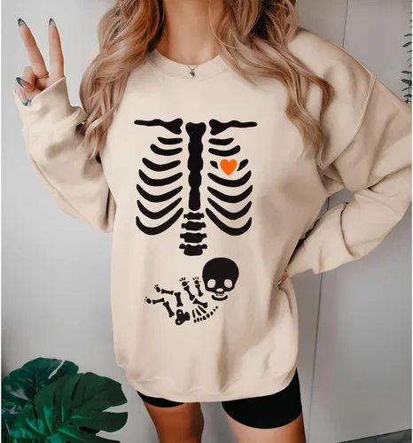 Vista 3 de Sudadera de esqueleto de rayos X para mujer, sudadera de maternidad de Halloween, cuello redondo, sin botones, para anuncio de embarazo