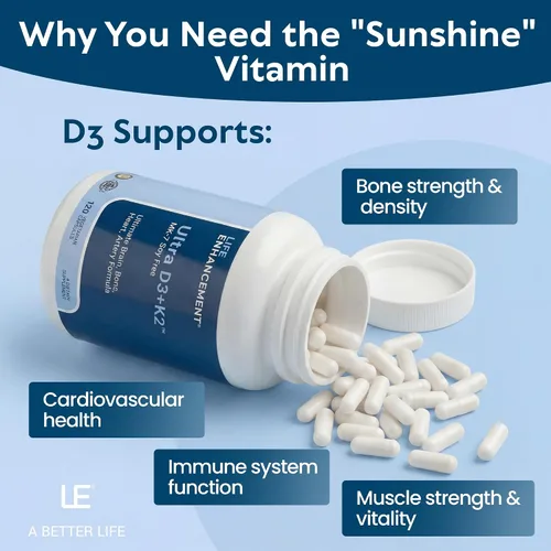 Vista 6 de Life Enhancement Vitamina D3 K2 2000iu apoya la salud muscular y cerebral - Suplemento D3 K2 ayuda en el apoyo inmunológico y cardiovascular