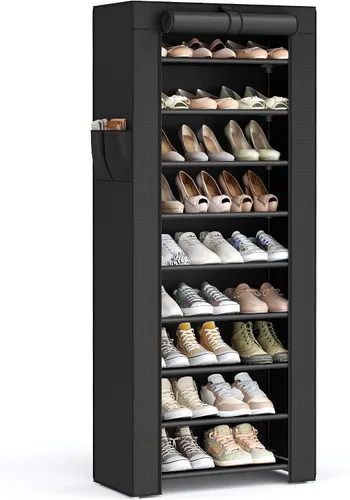 Vista 10 de SONGMICS Estante para zapatos de 10 niveles, gabinete de almacenamiento con cubierta a prueba de polvo, organizador de almacenamiento independiente
