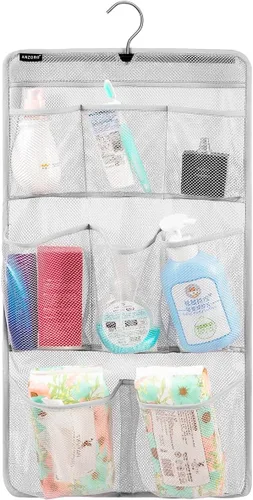 Vista 9 de Organizador de ducha de malla con soporte colgante, de secado rápido, para almacenamiento en el baño, con accesorios de tocador y gancho giratorio
