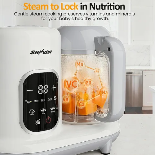 Vista 4 de Sunvivi Fabricante de alimentos para bebés: procesador de alimentos para bebés todo en uno con vapor, calefacción, descongelación, licuadora
