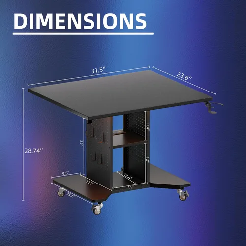 Vista 3 de Pamray Escritorio pequeño con ruedas para juegos con luces LED, tomas de corriente y tablero de clavijas de almacenamiento, mesa compacta