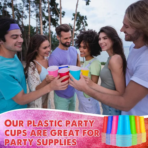 Vista 4 de Xinnun Paquete de 210 vasos de plástico de colores a granel de arco iris desechables de 16 onzas, vasos de plástico multicolor para fiesta, boda