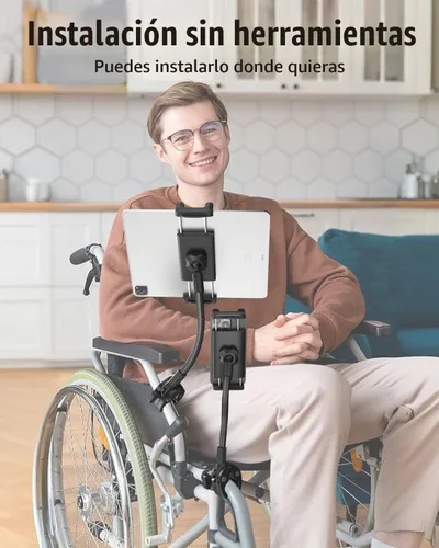 Vista 2 de Soporte para tablet para brazo de silla de ruedas [versión profesional] brazo largo cuello de cisne eléctrico silla de ruedas abrazadera de montaje