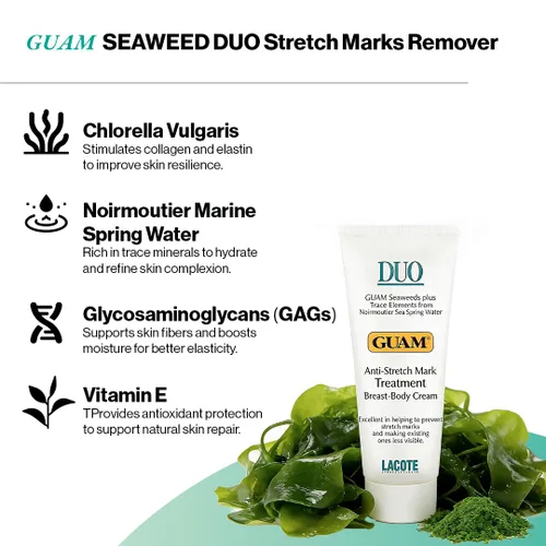 Vista 4 de Guam Duo Cream for Stretch Marks - Crema corporal reafirmante para la piel para mujeres - Crema tensora de la piel para cuerpo y pecho - Loción