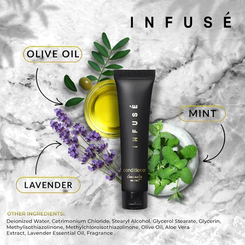 Vista 5 de Infuse Black Hotel Toiletries Bulk Acondicionador de 1 oz Tamaño de viaje Para hoteles, alquileres de vacaciones, gimnasio, lujo, aeropuerto